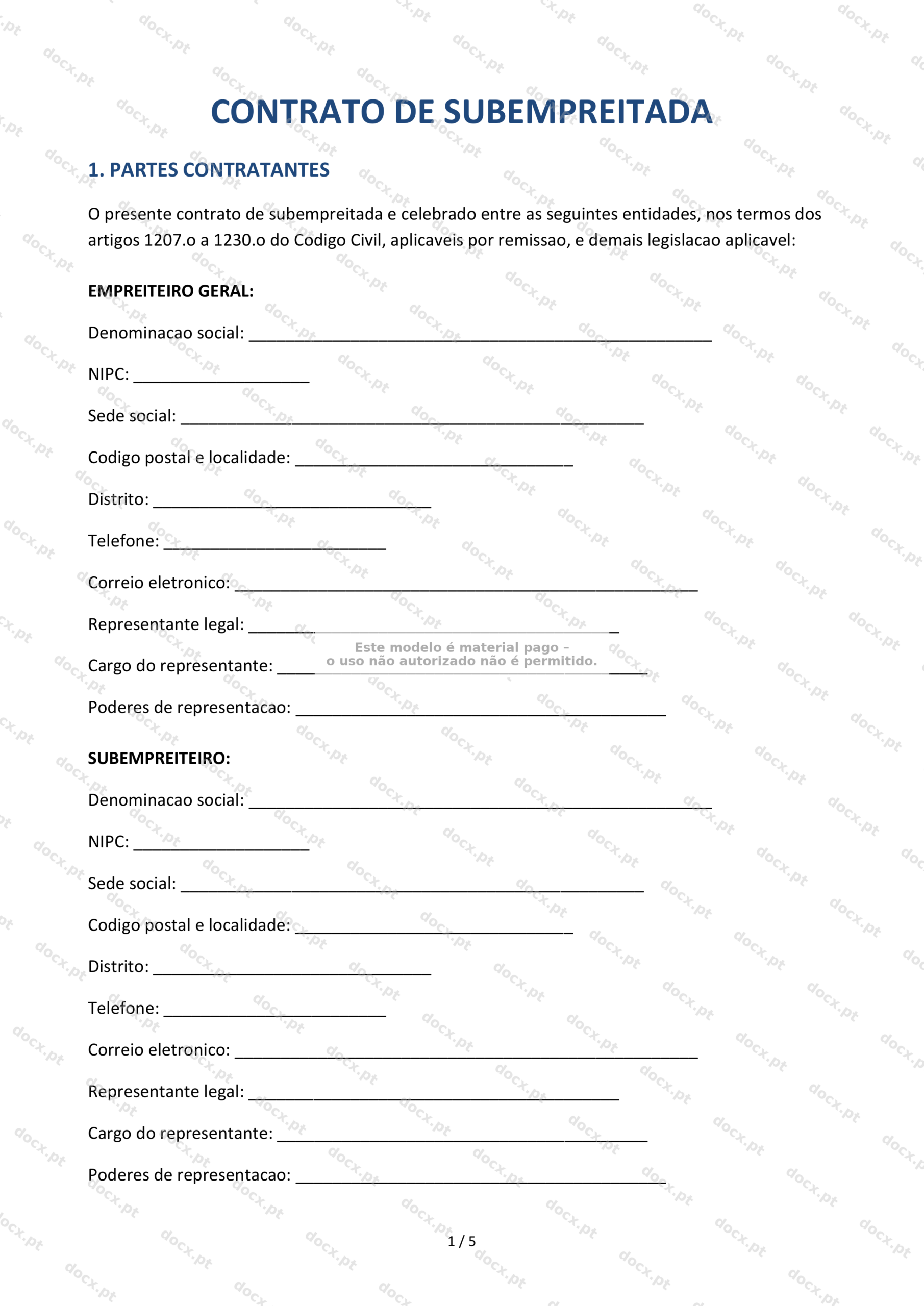 Contrato de Subempreitada — Documento PDF Imprimível