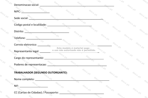 Contrato de teletrabalho em formato A4, página 1, imagem em escala.