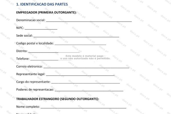 Contrato de trabalho para estrangeiro, página 1 em formato A4.