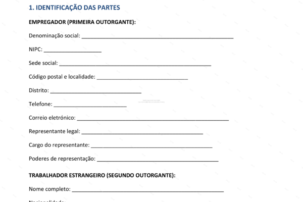 Contrato de trabalho para estrangeiro, página 1 em formato A4.