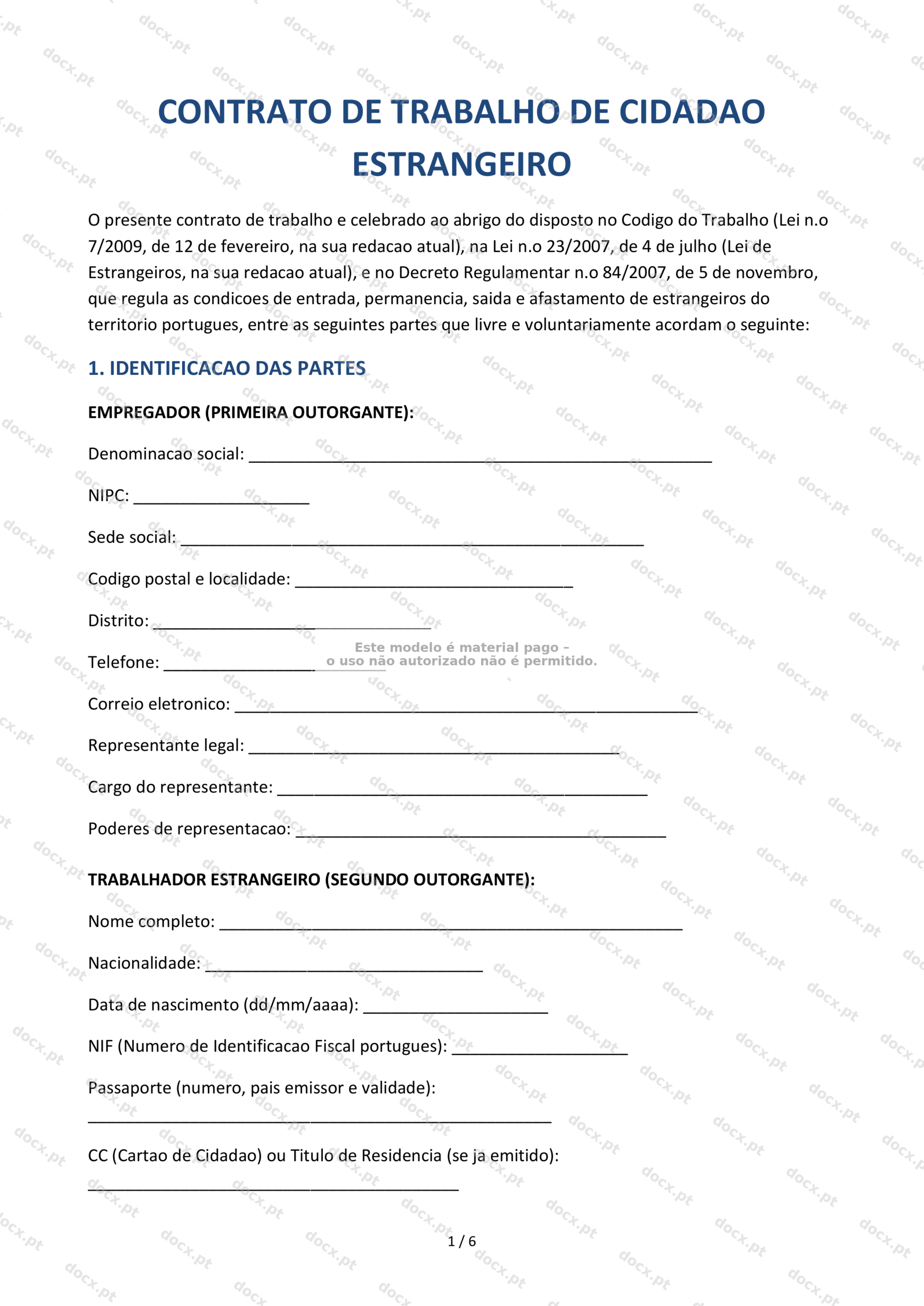 Contrato de Trabalho com Trabalhador Estrangeiro — Modelo Editável