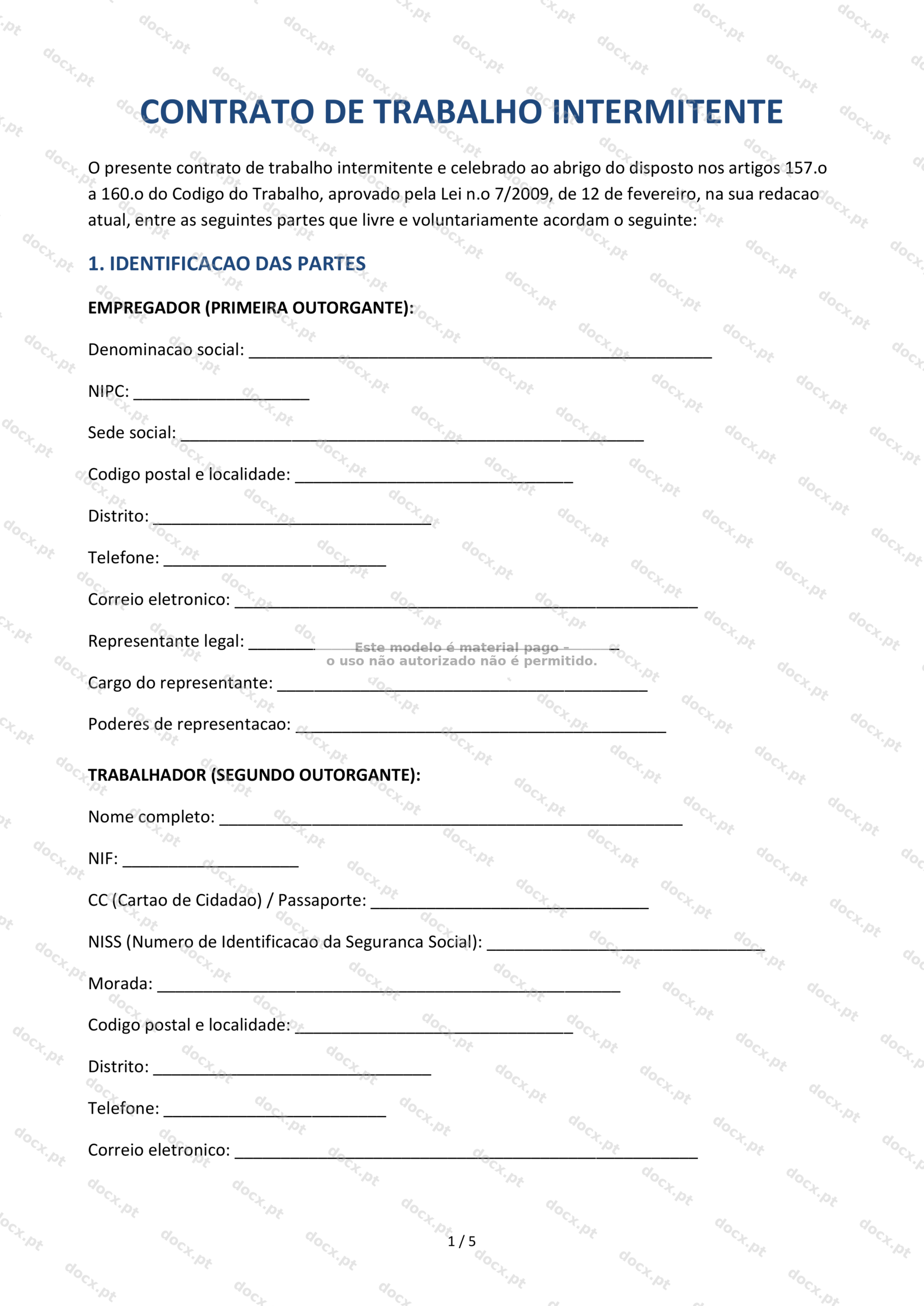 Contrato de Trabalho Intermitente — Documento Word e PDF