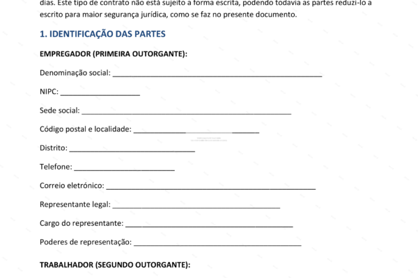 Contrato de trabalho de curta duração em papel A4, página 1