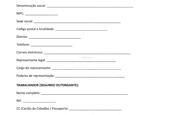 Contrato de trabalho sem termo em formato A4, página 1, com texto legal e espaços para assinatura.