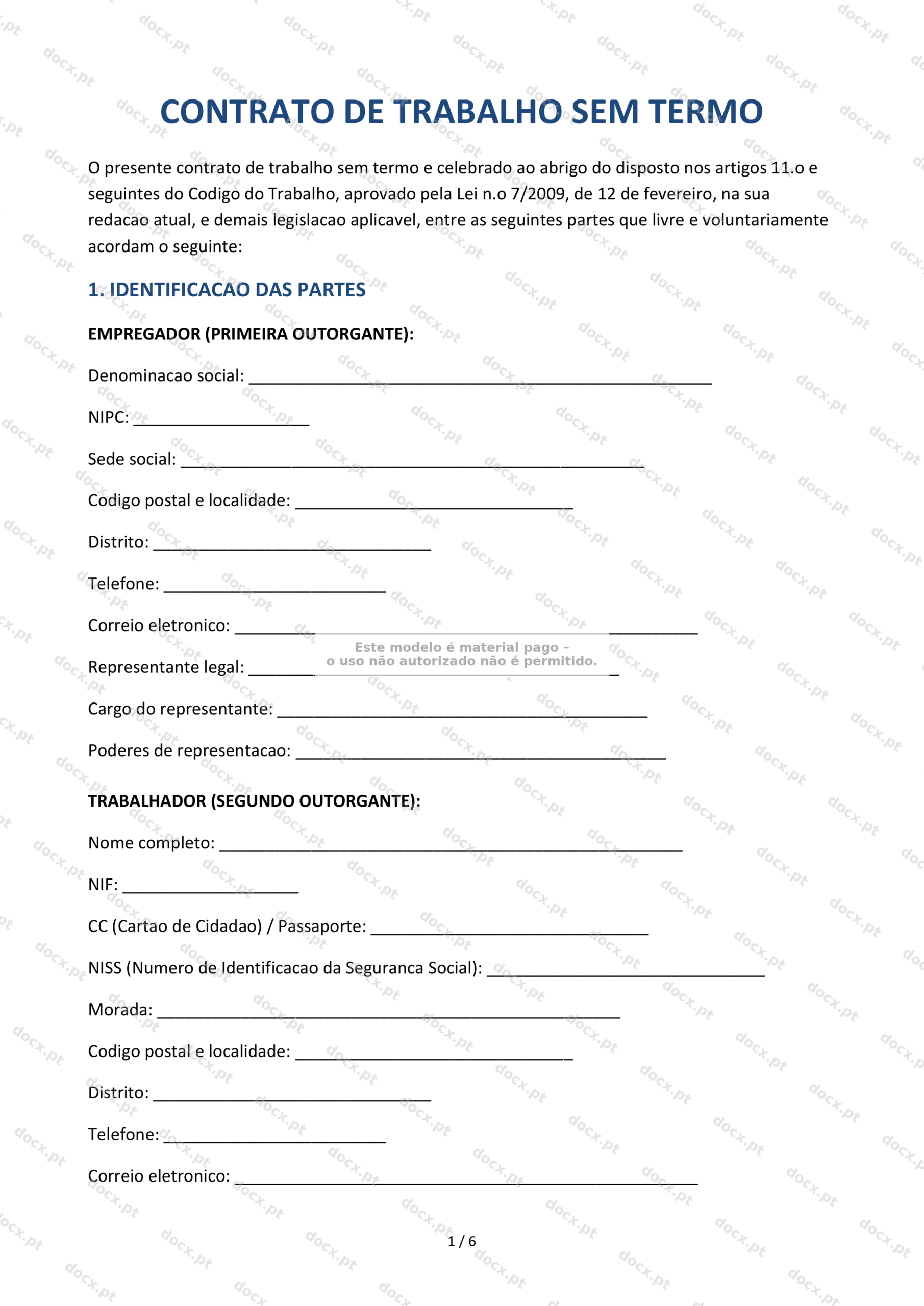 Contrato de Trabalho Sem Termo — Modelo Editável