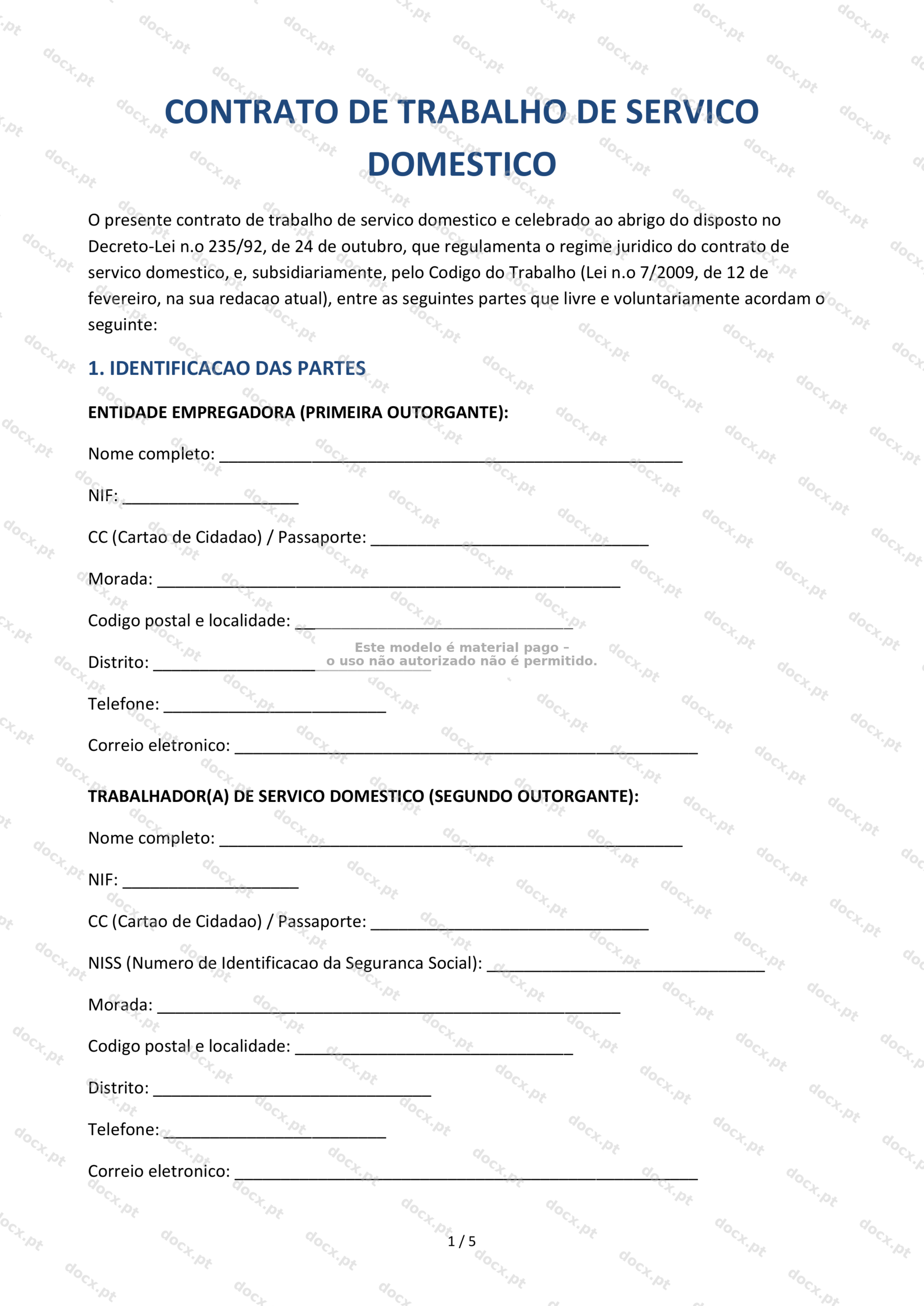 Contrato de Trabalho de Serviço Doméstico — Documento Descarregável