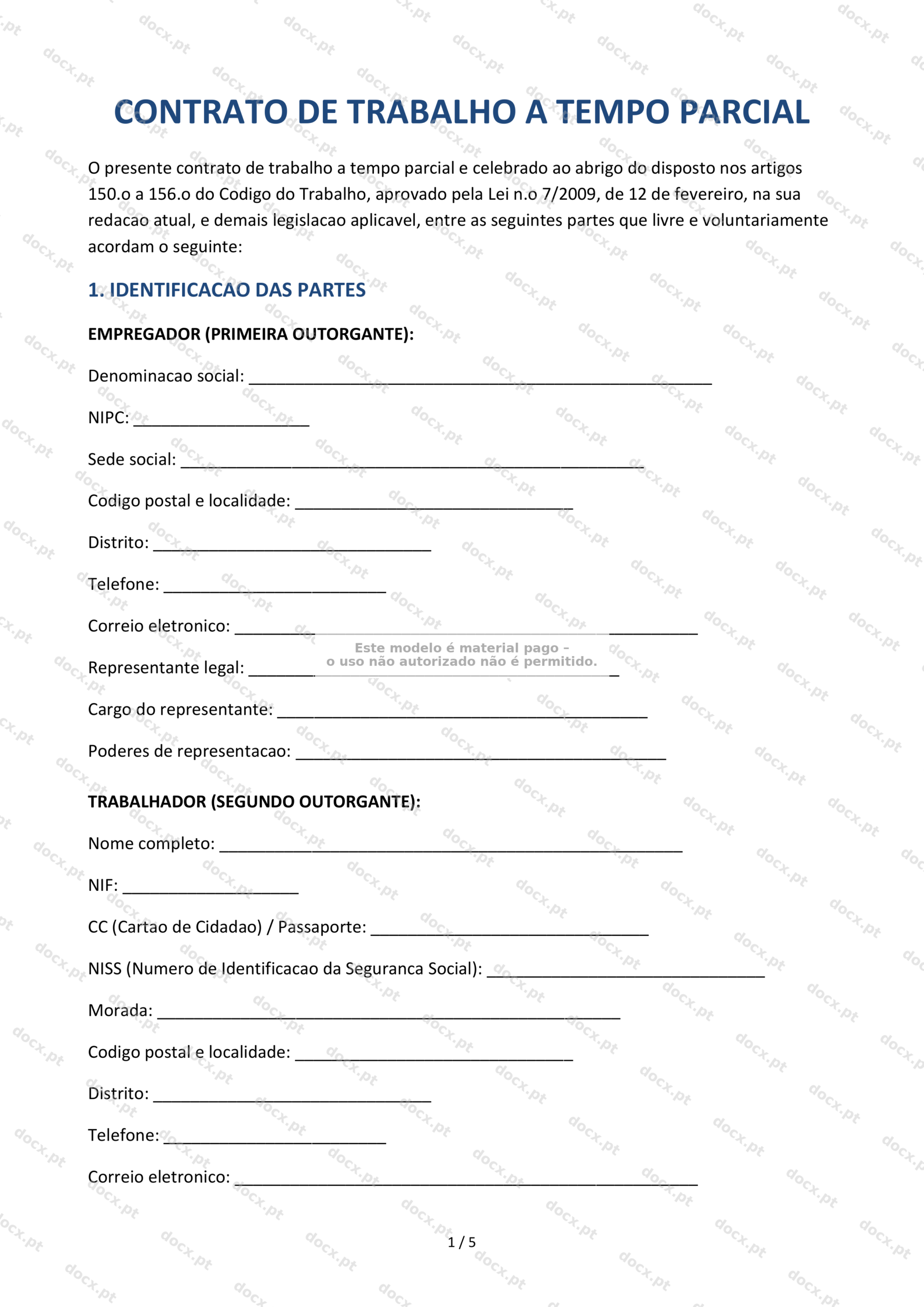 Contrato de Trabalho a Tempo Parcial — Word e PDF