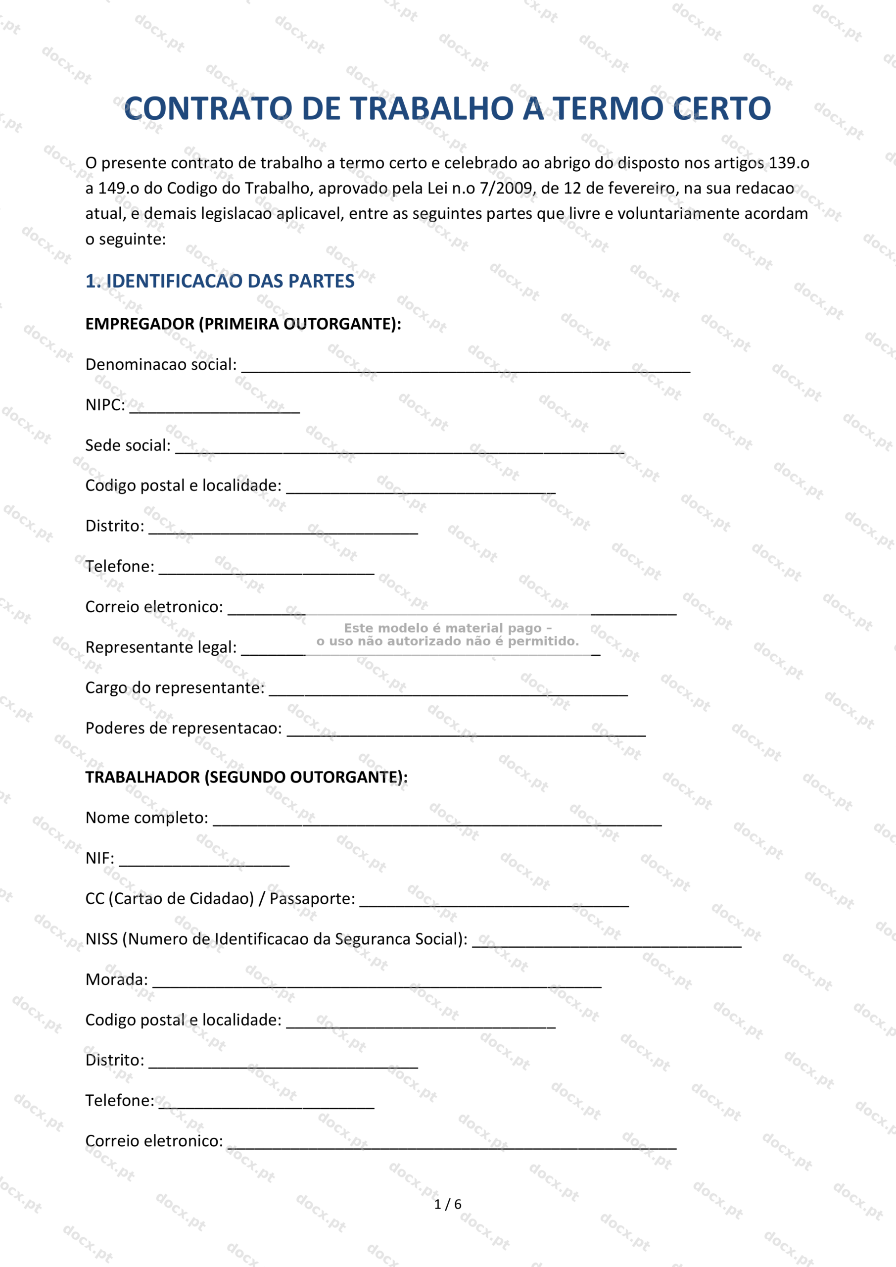 Contrato de Trabalho a Termo Certo — Documento Word e PDF