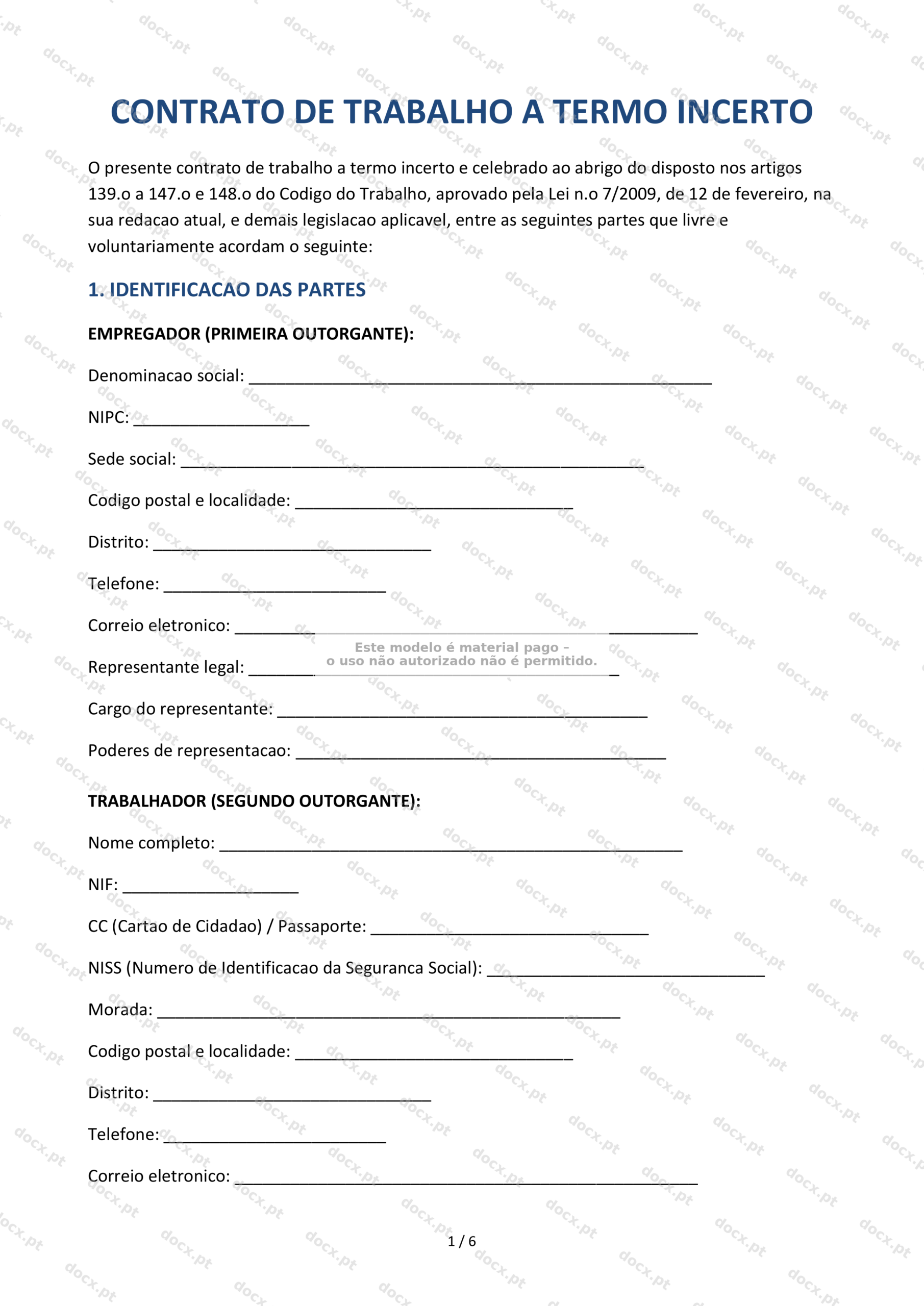 Contrato de Trabalho a Termo Incerto — Documento Imprimível