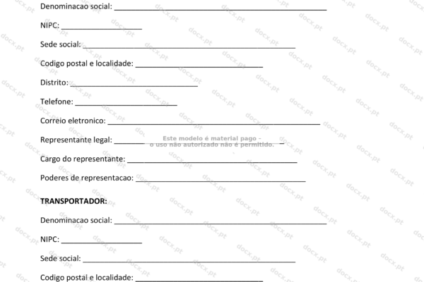 Contrato de transporte de mercadorias, página 1 em formato A4.