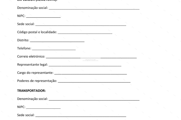 Contrato de transporte de mercadorias, página 1 em formato A4.