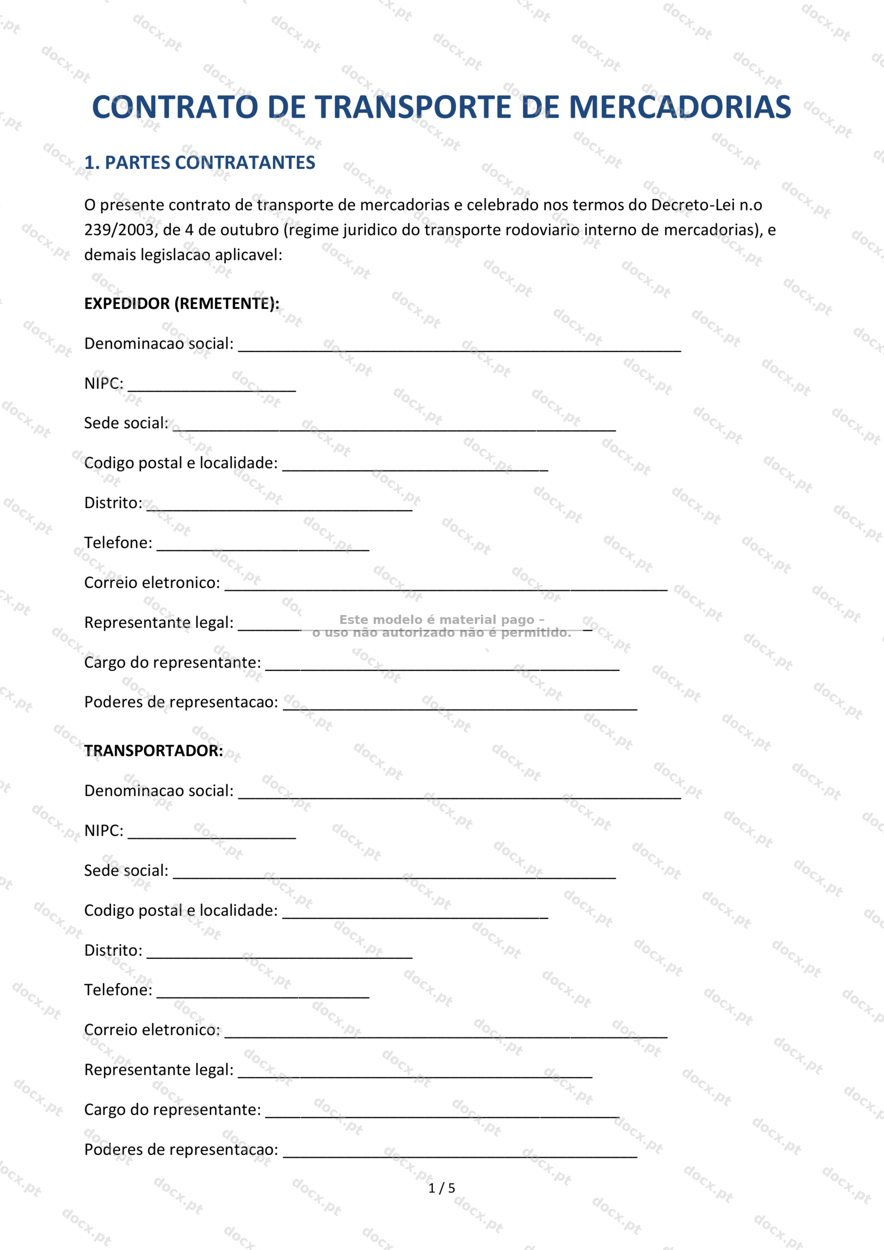 Contrato de Transporte de Mercadorias — Modelo Word Editável