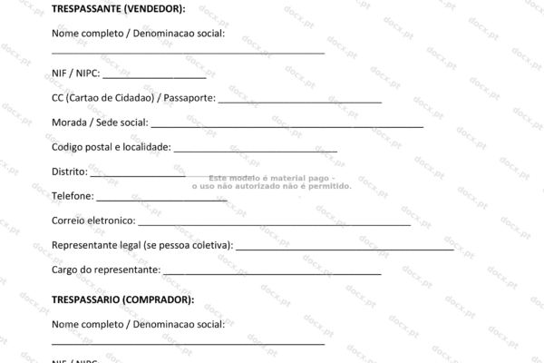 Contrato de trespasse, página 1 em formato A4, documento com texto legível.