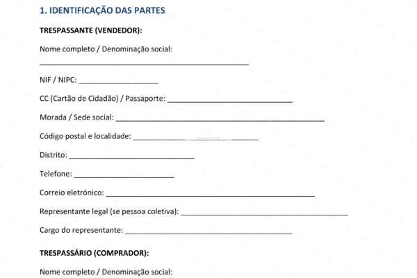 Contrato de trespasse, página 1 em formato A4, documento com texto legível.