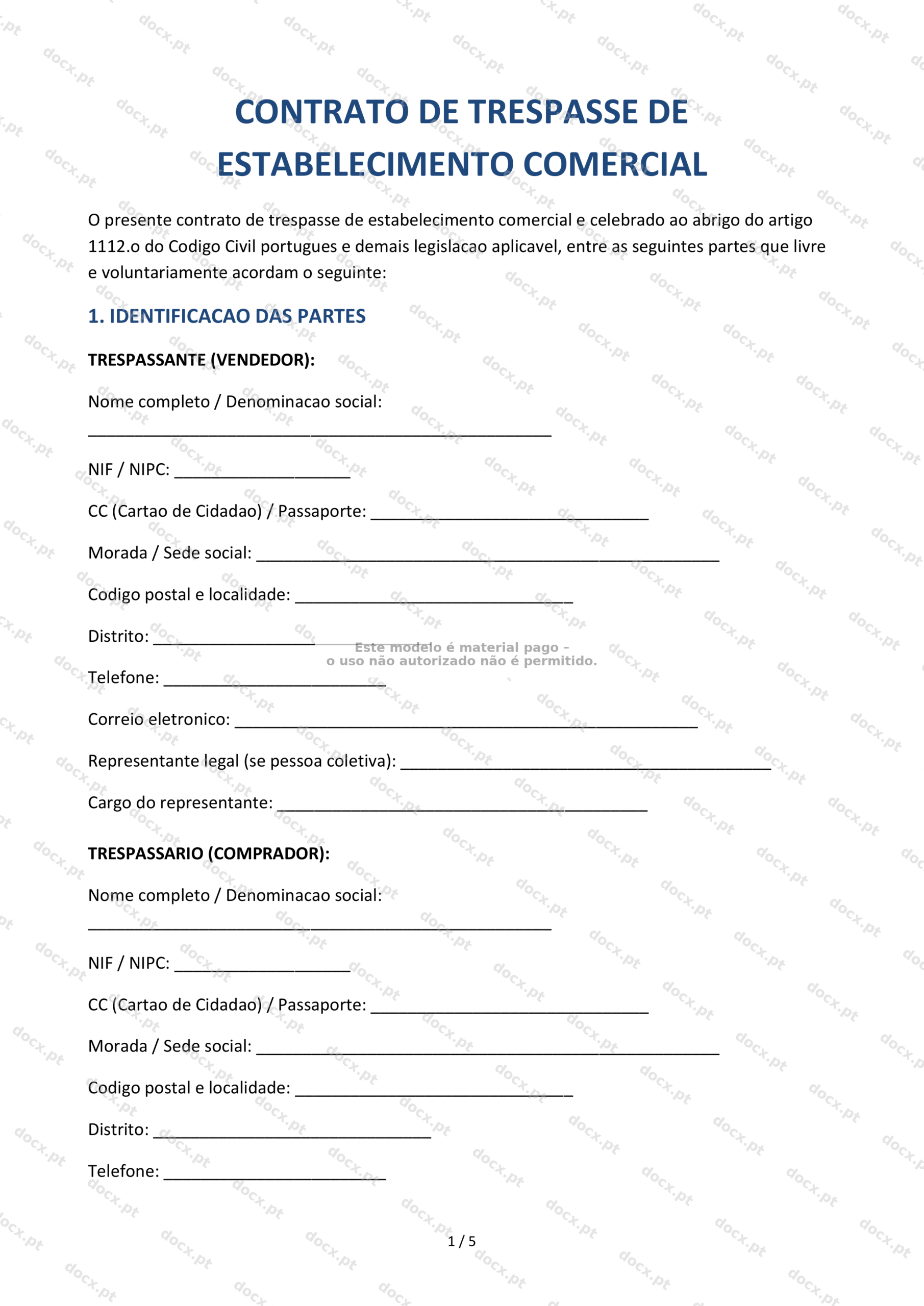 Contrato de Trespasse de Estabelecimento Comercial — Documento Word e PDF
