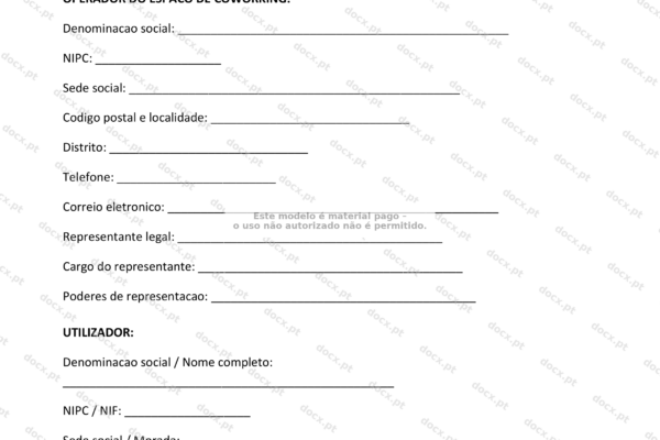 Contrato de utilização de coworking, página 1 em formato A4, em escala.