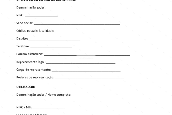 Contrato de utilização de coworking, página 1 em formato A4, em escala.