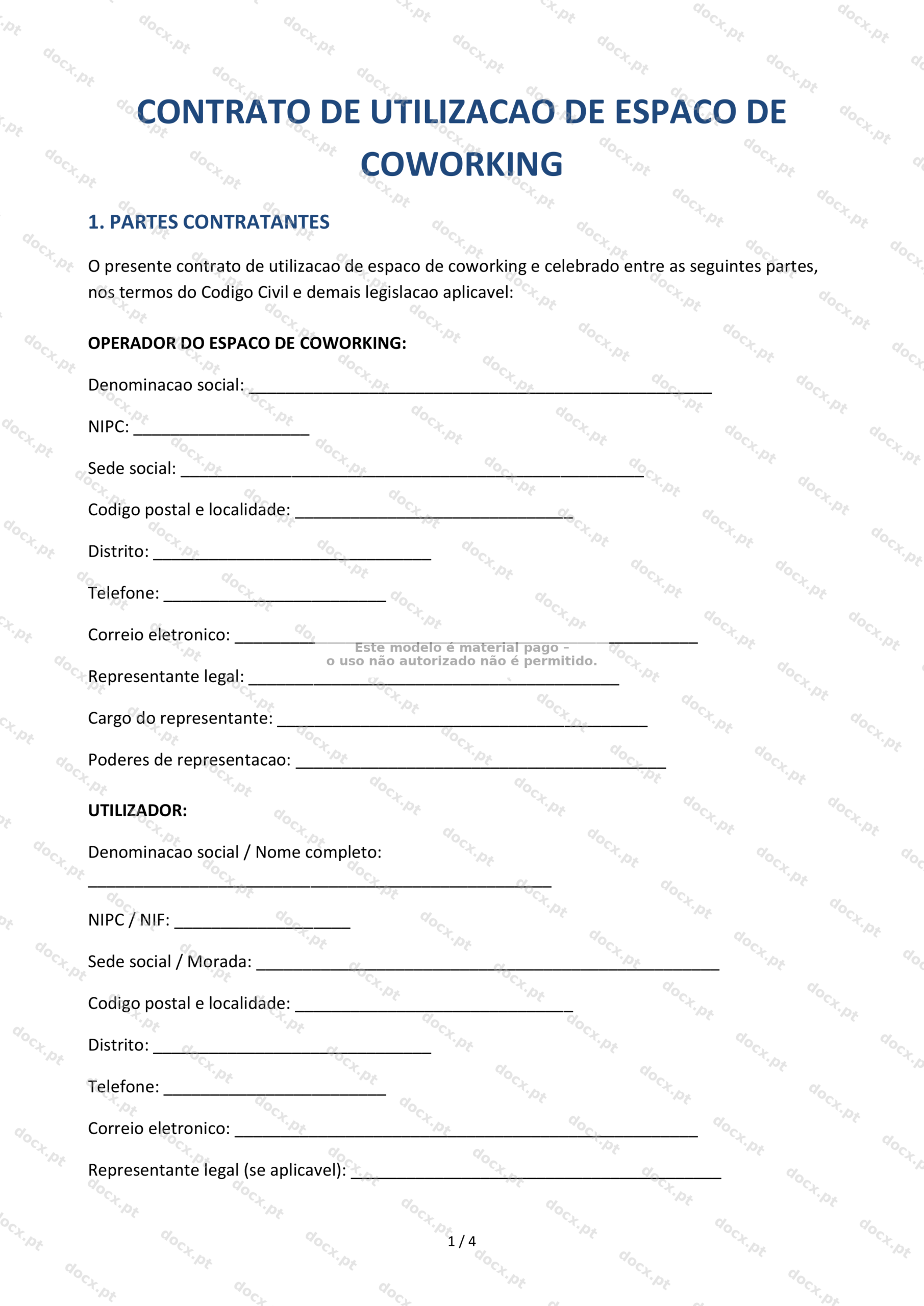 Contrato de Utilização de Coworking — Formulário Editável