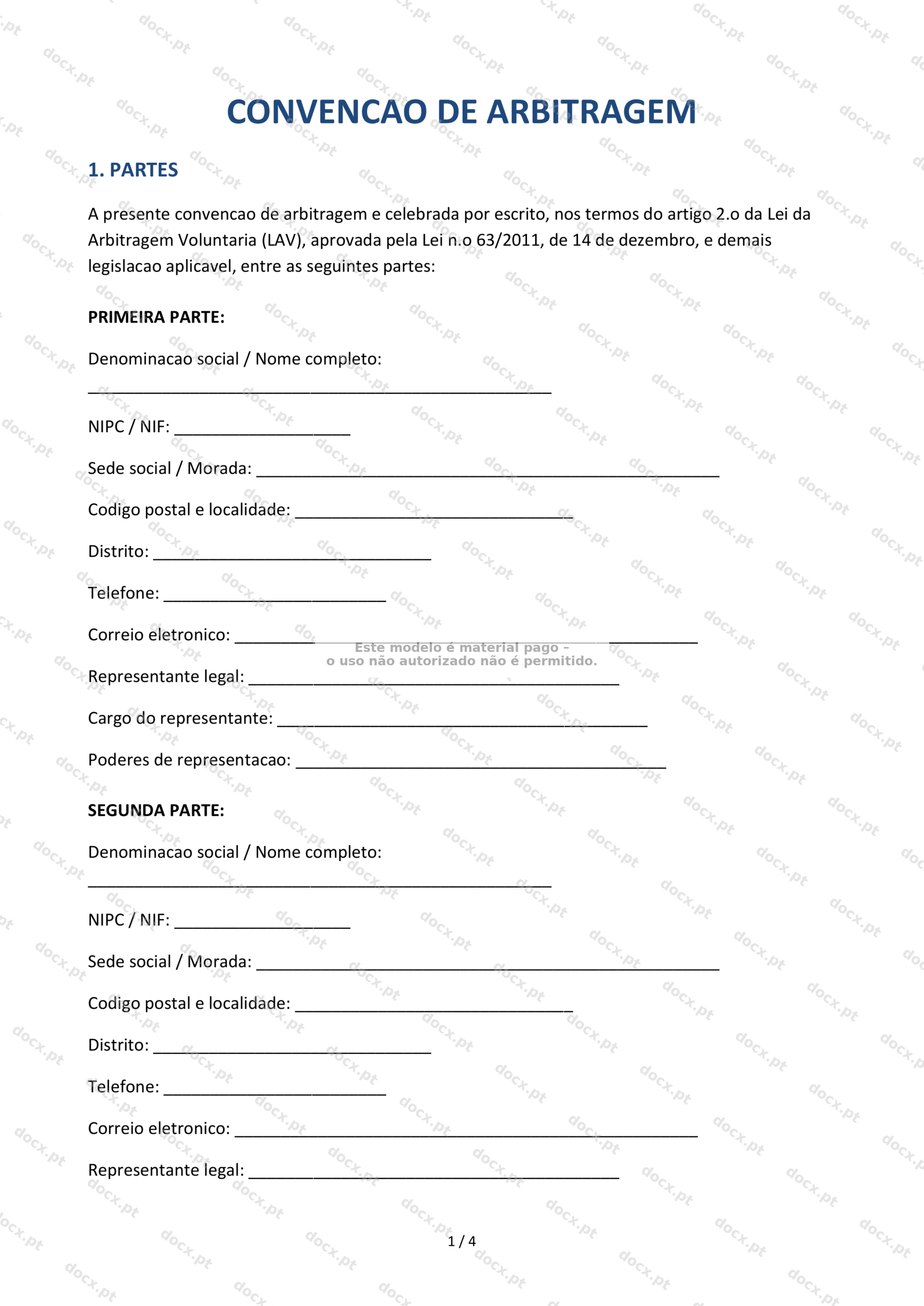 Convenção de Arbitragem — Documento Word e PDF