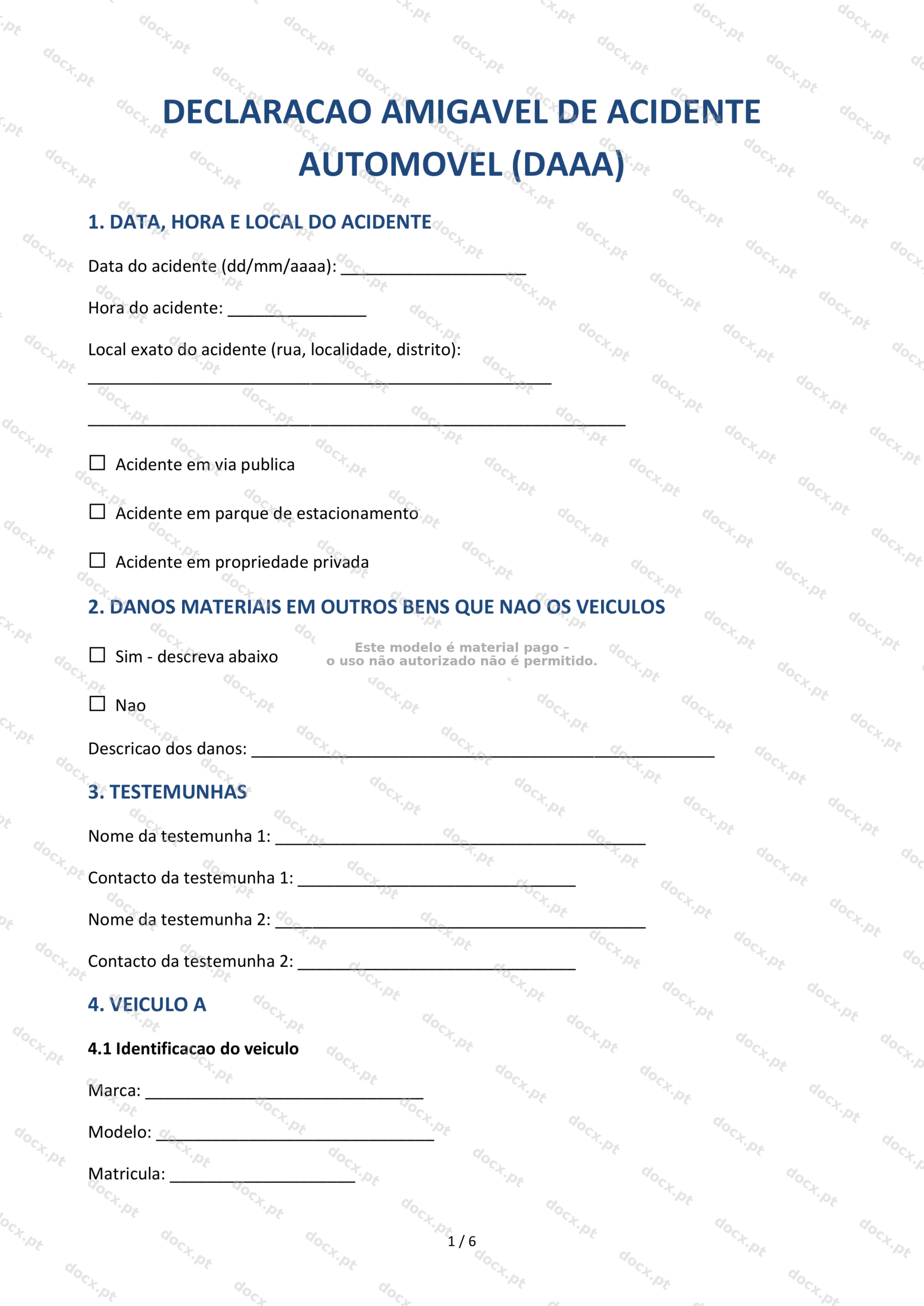 Declaração Amigável de Acidente Automóvel — Modelo Descarregável
