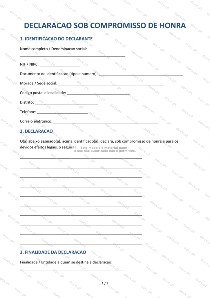 Declaração sob Compromisso de Honra — PDF Imprimível – Docx.pt
