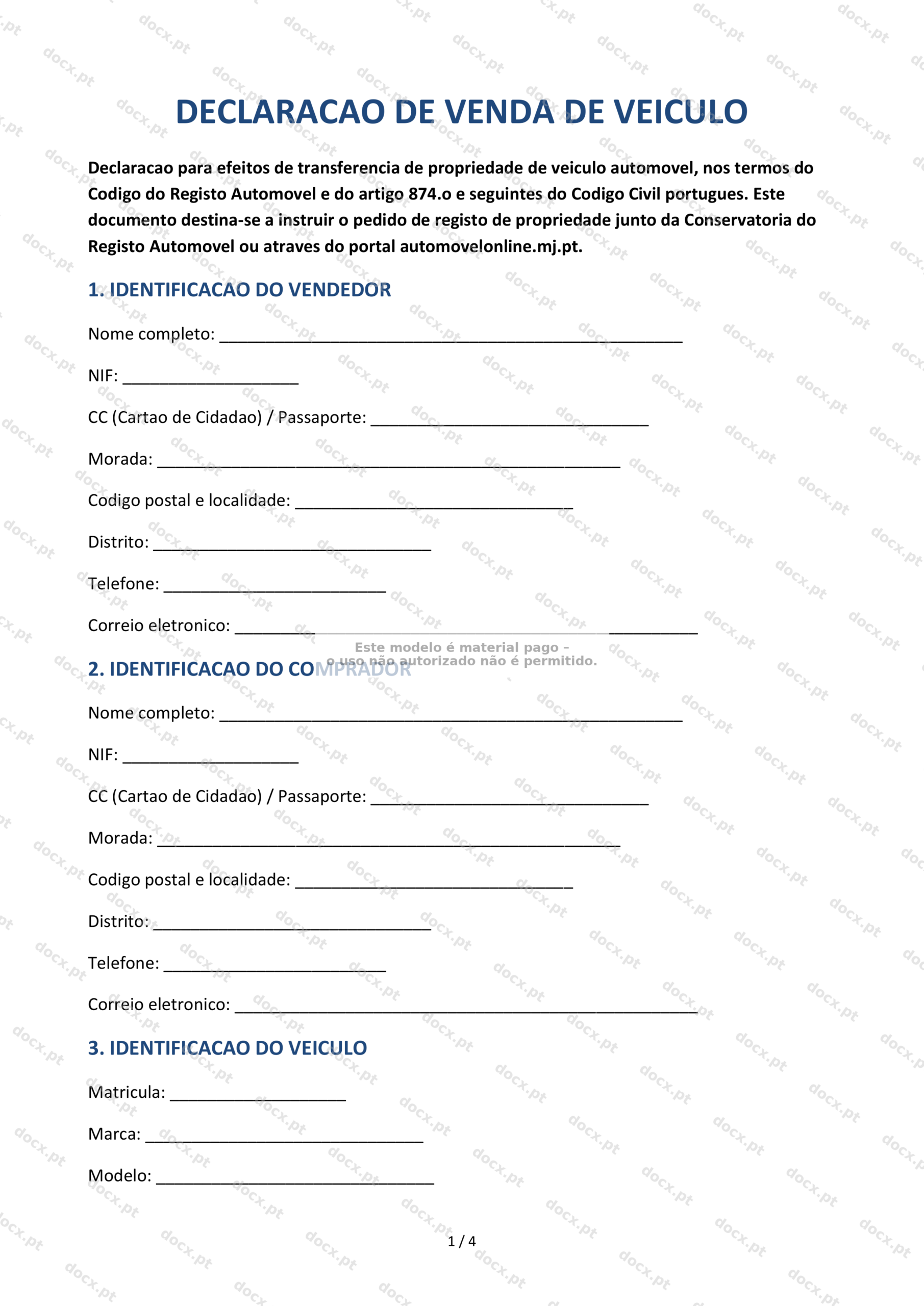 Declaração de Venda de Veículo — Documento Descarregável