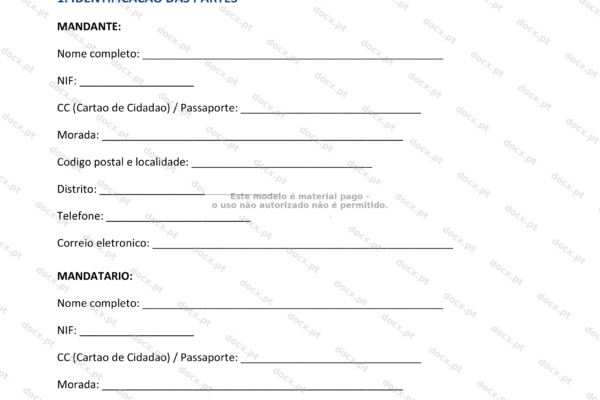 Página A4 de mandato com representação, documento formal com texto e assinaturas.
