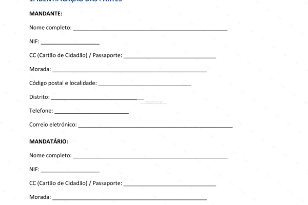 Página A4 de mandato com representação, documento formal com texto e assinaturas.