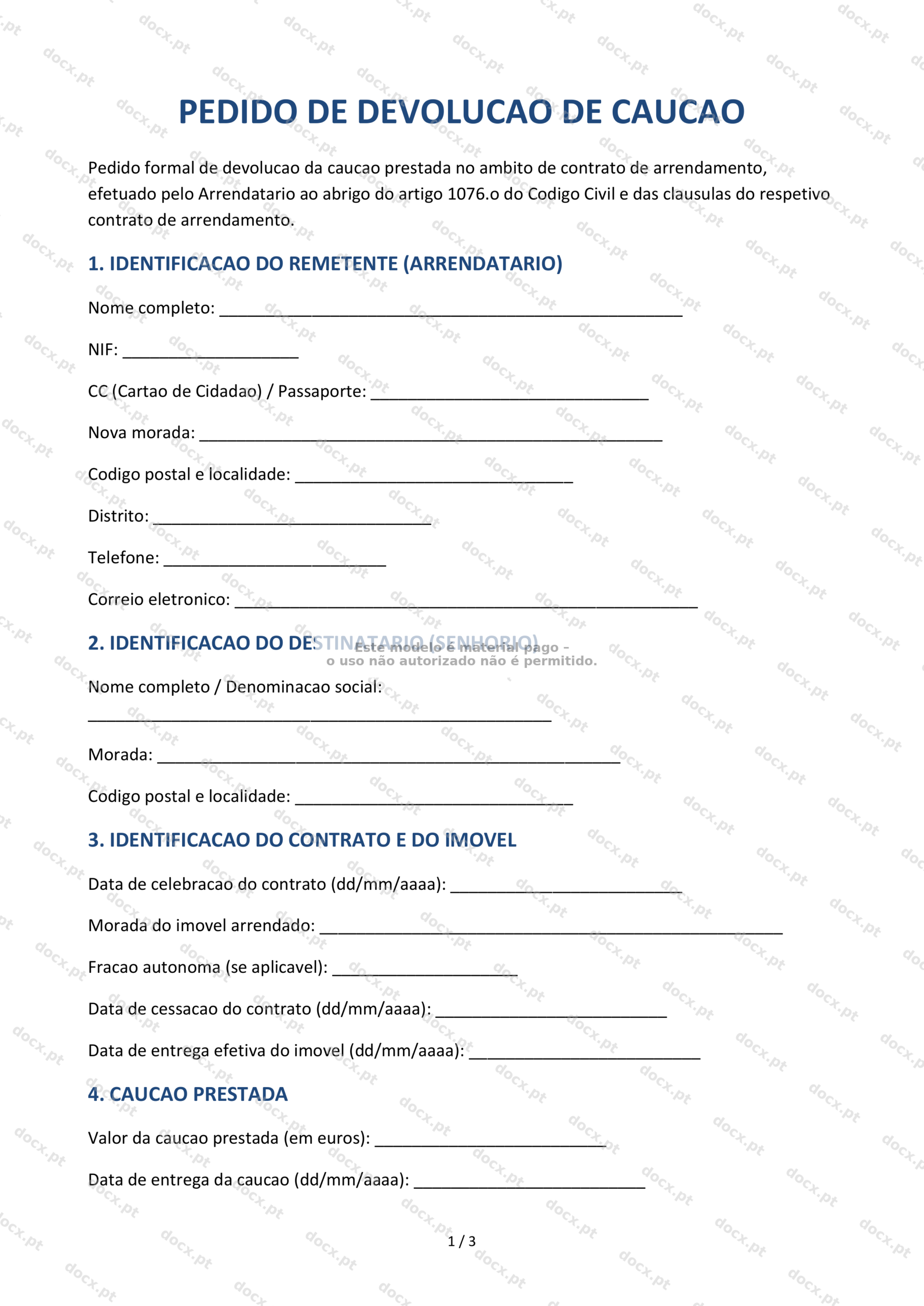 Pedido de Devolução de Caução — Modelo PDF