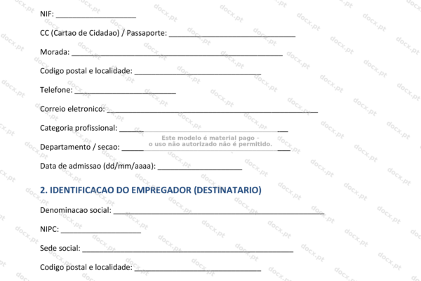 Formulário de pedido de licença sem vencimento em papel A4, página 1.