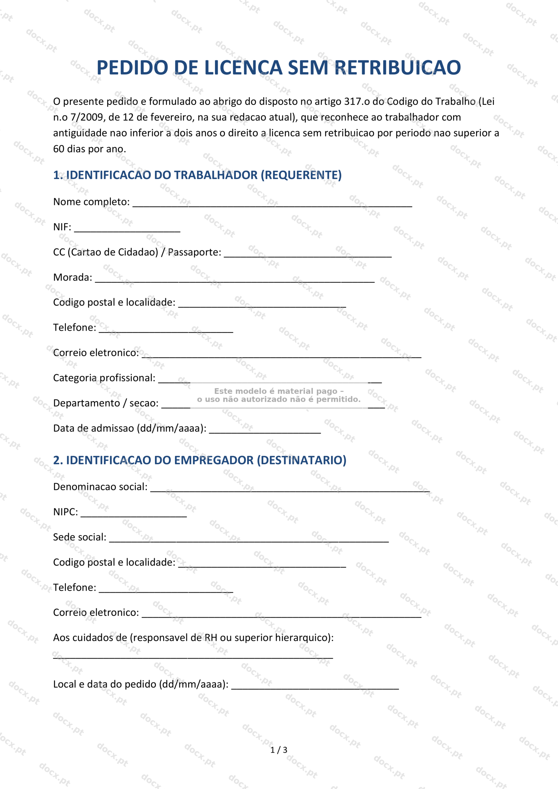 Pedido de Licença Sem Vencimento — Documento Editável