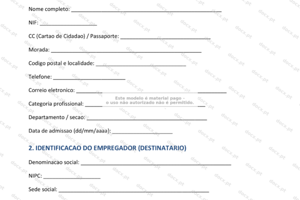 Pedido de redução de horário por parentalidade, formato A4, página 1.
