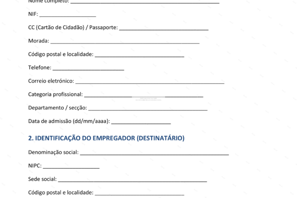 Pedido de redução de horário por parentalidade, formato A4, página 1.