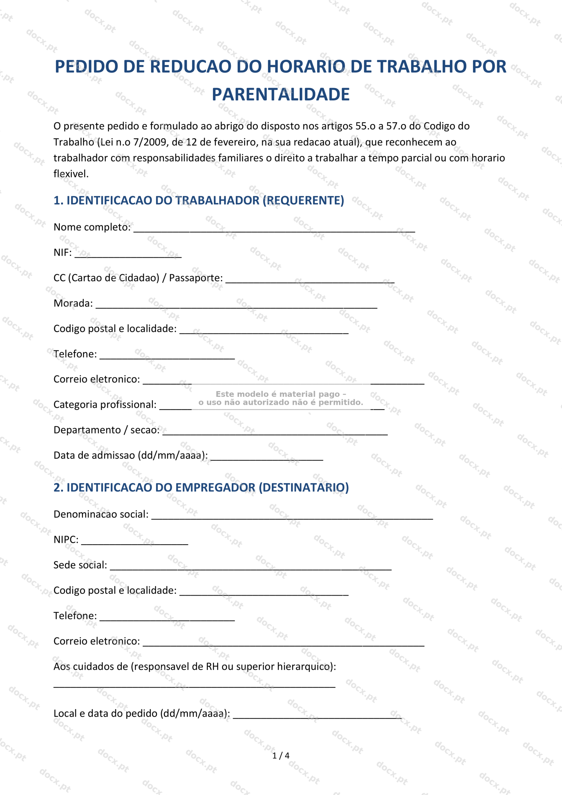 Pedido de Redução de Horário por Parentalidade — Documento Word