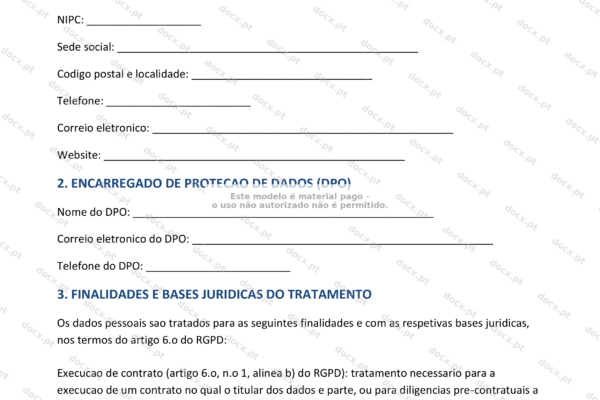 Página 1 da Política de Privacidade RGPD em formato A4