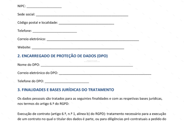 Página 1 da Política de Privacidade RGPD em formato A4
