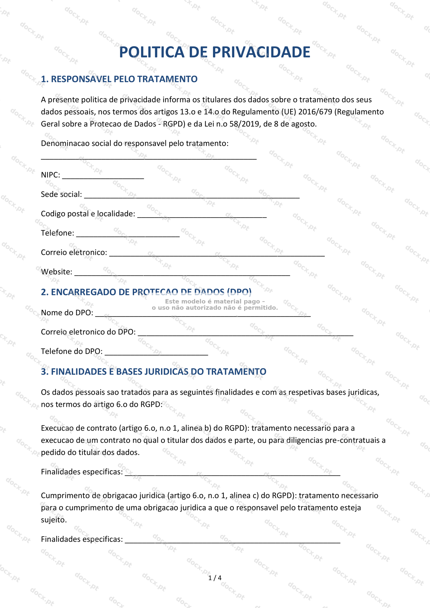 Política de Privacidade RGPD — Modelo Word e PDF