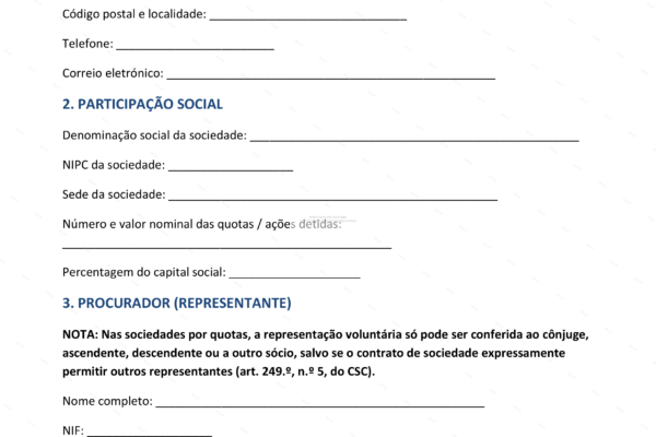 Documento de procuração para assembleia geral, formato A4, página 1.