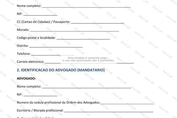 Procuração forense em papel A4, página 1, com texto impresso.