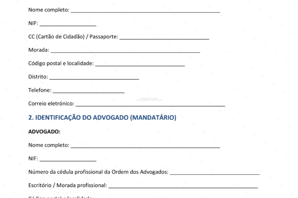 Procuração forense em papel A4, página 1, com texto impresso.
