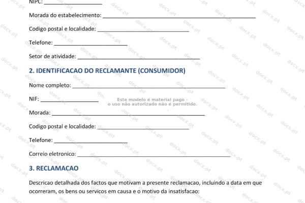 Página 1 de um livro de reclamações, formulário impresso em papel A4.
