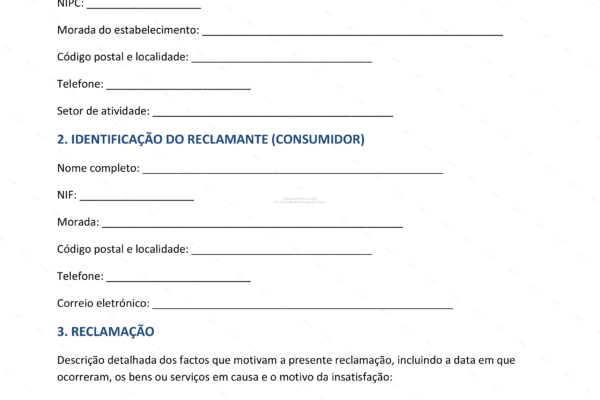 Página 1 de um livro de reclamações, formulário impresso em papel A4.