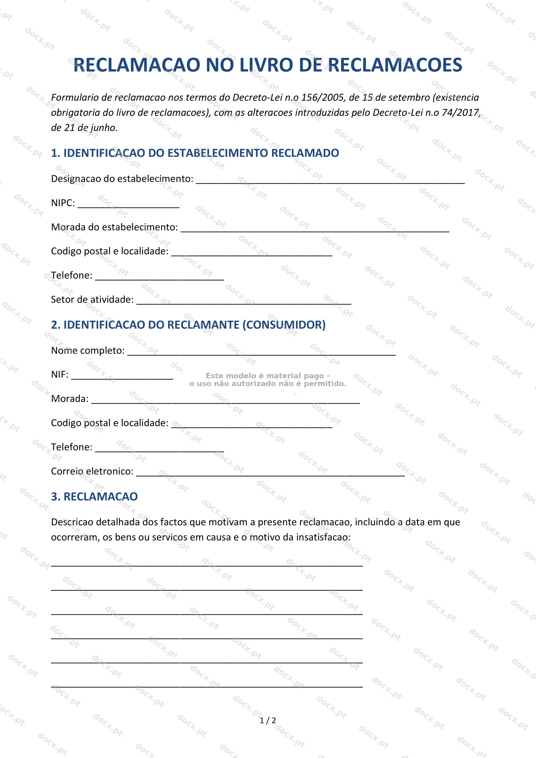 Reclamação no Livro de Reclamações — Formulário Descarregável