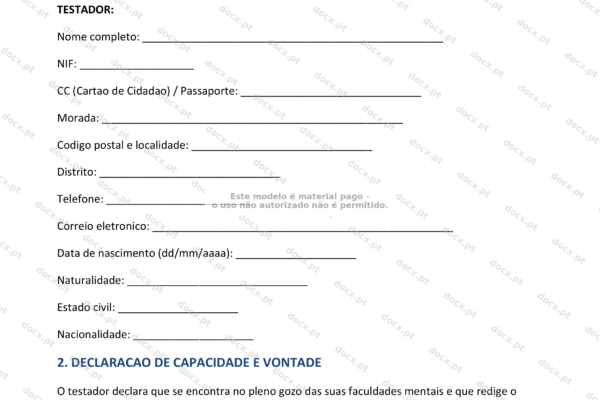 Página 1 de um testamento cerrado em papel A4, documento legal selado.