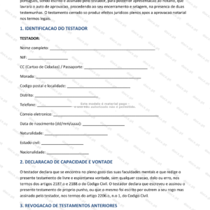 Página 1 de um testamento cerrado em papel A4, documento legal selado.