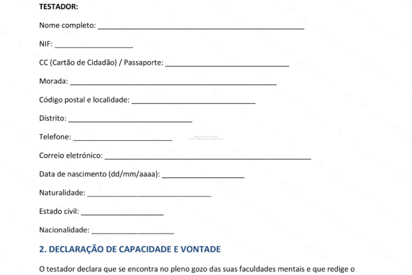 Página 1 de um testamento cerrado em papel A4, documento legal selado.