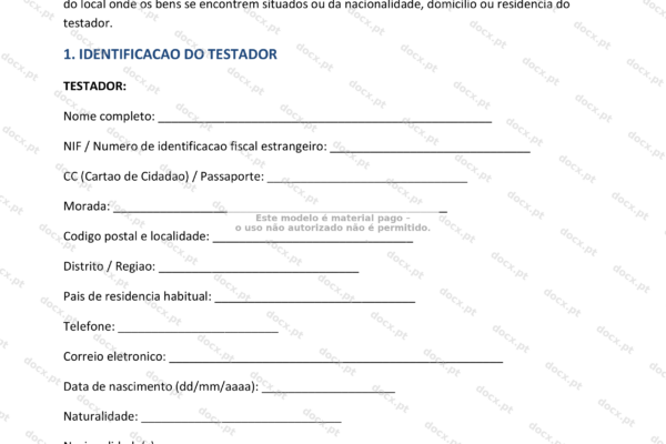 Página 1 de testamento internacional em formato A4, documento legal com texto impresso.