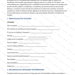 Página 1 de testamento internacional em formato A4, documento legal com texto impresso.