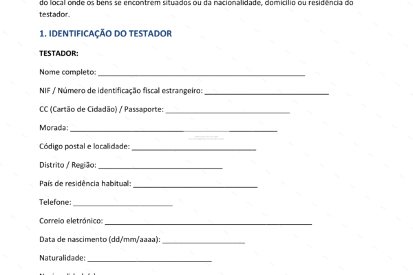 Página 1 de testamento internacional em formato A4, documento legal com texto impresso.