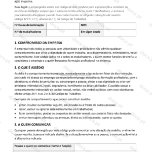 Página 1 de um código de boa conduta contra o assédio, com a definição de assédio.
